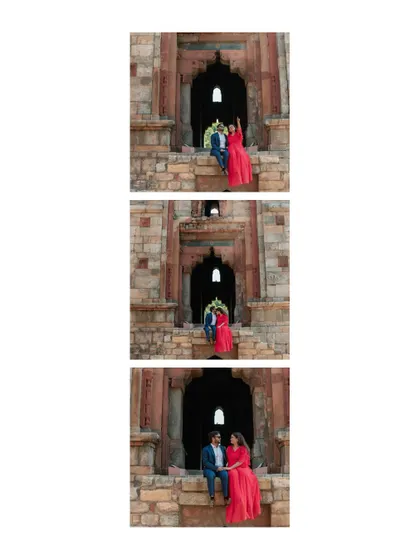 A sequence of shots showing the couple interacting playfully on the steps of a historic structure, capturing their dynamic and fun relationship.