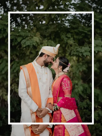 A sweet moment as the couple is about to kiss, framed in a modern white border for a stylish look.