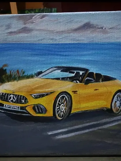 As an engineer at Mercedes, it was a special moment to paint this yellow AMG for a mentor who has had a huge impact on my life. This piece blends my professional world with my artistic passion. I focused on capturing the car's sleek design and powerful presence against a serene coastal backdrop.
