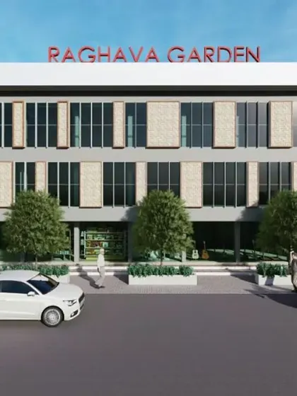 A 3D render for the "Raghava Garden" commercial building. The facade design incorporates vertical louvers to control sunlight and reduce heat gain, an important feature for creating an energy-efficient building in Bangalore's climate.
