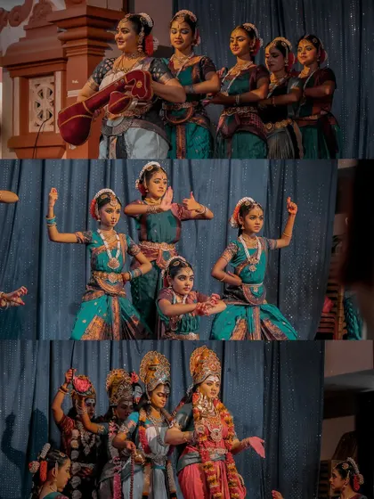 A composite image showing different moments from a single classical dance event. This gives a complete overview of the performance, from group formations to solo acts.