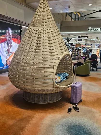 Occupational hazard: we can't help but notice great outdoor furniture wherever we go. This oversized pod chair at an airport is a perfect example of comfortable and stylish public seating.