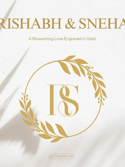 This monogram for Rishabh and Sneha features their initials 'RS' nestled within a golden wreath. The design is meant to signify a blossoming love, engraved in gold, representing unity and natural elegance.