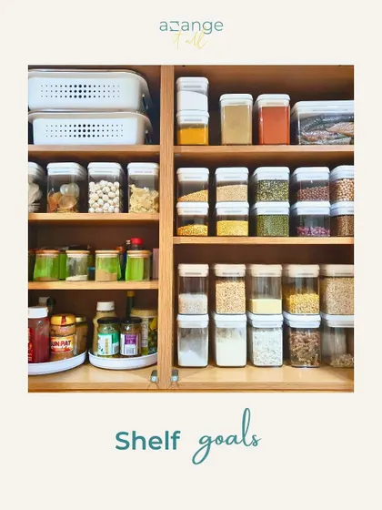Shelf goals. A pantry cabinet with neatly stacked, uniform containers for dals and grains, with smaller items organized on turntables.
