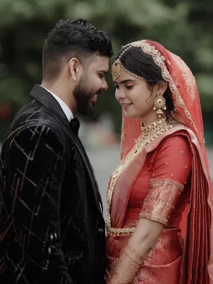 A close-up portrait capturing the tender moment between a bride and groom. Her beautiful smile and his loving gaze tell a complete story.