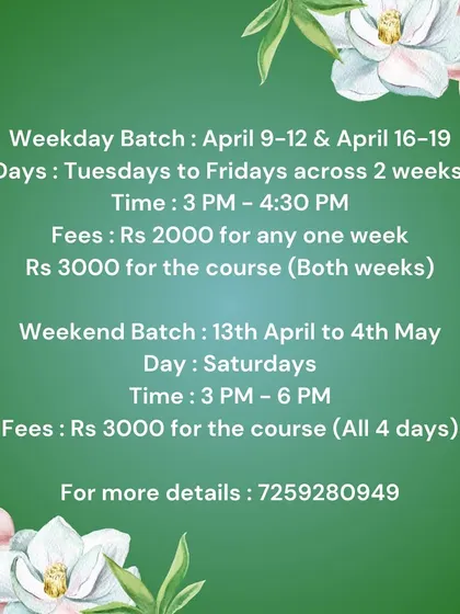 Here are the details for our upcoming acrylic painting course, with both weekday and weekend batch options available for adults and children 10+.