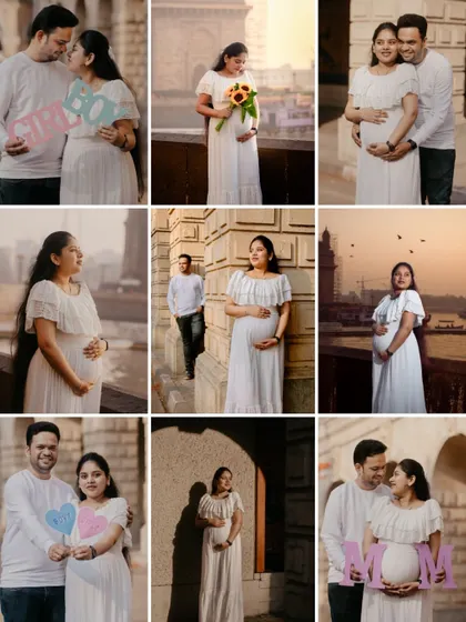 A large collage showcasing the variety of shots from a single maternity session. I provide a wide range of images, from couple portraits to creative prop shots.