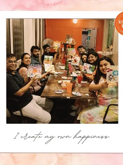 A happy group from our "Canvas Carousel" event, where everyone collaborates on multiple paintings in a fun, round robin style.