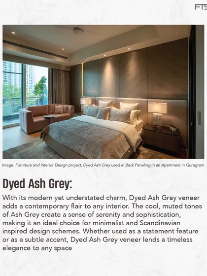 Dyed Ash Grey veneer is used for the back paneling in this apartment bedroom. The cool, muted tones create a sense of serenity and sophistication, perfect for a minimalist or Scandinavian-inspired design.