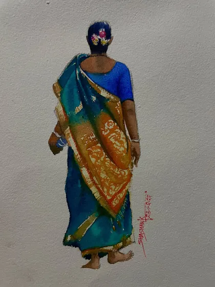 A watercolor study of a woman in a sari, seen from the back. This piece focuses on the drape of the fabric and the intricate patterns.