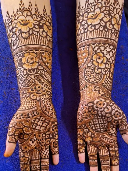 A symmetrical design featuring floral bands and intricate filler patterns, extending from the palms to the forearms.