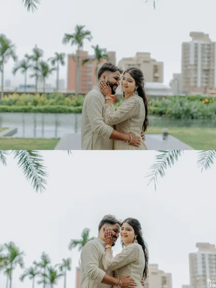 A collage of romantic pre-wedding portraits. These images capture the couple's loving interactions against a backdrop of lush greenery and cityscapes.