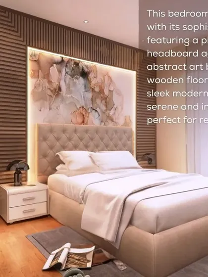 Transform your bedroom into a sanctuary. This design features a plush upholstered headboard against a stunning abstract art backdrop, with warm wooden flooring creating a serene and inviting atmosphere.