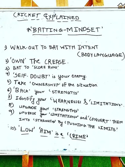 A closer look at our 'Batting Mindset' framework. We teach players to take ownership, identify and upgrade their skills, and understand that having a 'low aim is a crime'. We encourage them to push their limits constantly.