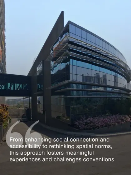 A quote overlay on an image of a modern office building, emphasizing how our design approach fosters meaningful experiences. This vertical campus is a testament to our ability to create people-centric architecture even at a large scale.