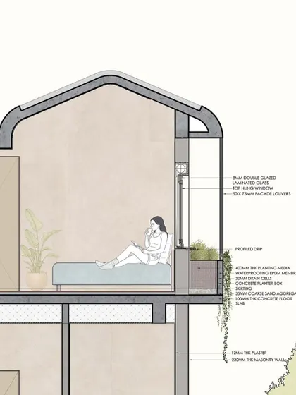 A detailed section drawing helps us visualize the human experience within a space. This illustration for the Vagator Villas shows how a resident might interact with the bedroom, highlighting the connection between the interior and the outdoor planter.