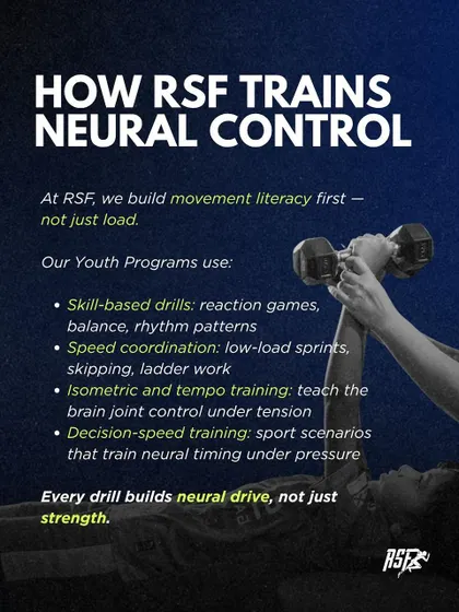How do we train neural control? This graphic details our methods, which prioritize movement literacy. We use skill-based drills, reaction games, low-load sprints, and tempo training to build neural drive, not just raw strength.