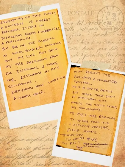 "My eyes are refusing to move from the excellent master piece made." Vicky's handwritten testimonial praising the artist's magical ability to make the tattoo speak.