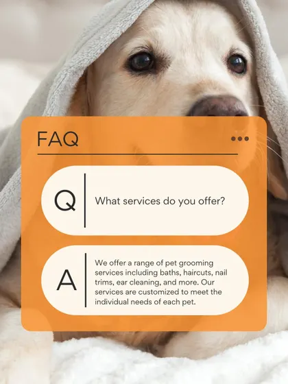 FAQ: What services do you offer? I offer a full range of grooming services including baths, haircuts, nail trims, and ear cleaning, customized to your pet's needs.