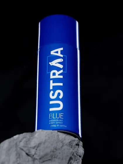A powerful shot for Ustraa men's deodorant. We placed the can on a rugged stone against a black background to create a masculine, strong, and bold aesthetic.