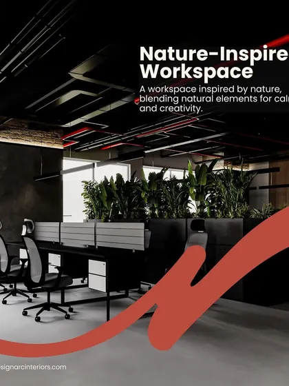 A nature-inspired workspace, blending natural elements like large plant installations into a modern office to create a sense of calm and creativity.
