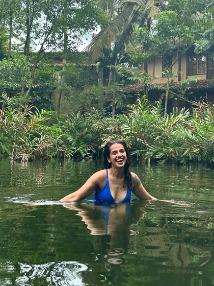A joyful dip in a natural pool in the Sri Lankan jungle. These moments of spontaneous fun and connection with nature are what make our retreats so memorable.