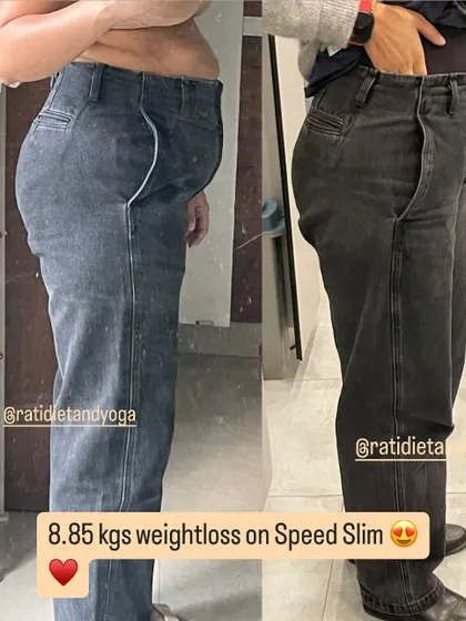 Nikita's 8.85 kg weight loss journey, motivated by a pair of jeans she wanted to fit into again. This picture shows her comfortably wearing the same pair that was once too tight.