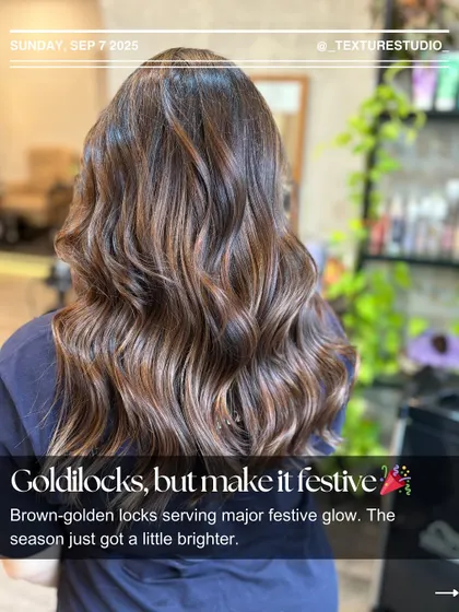 Talk about a festive glow up. These brown and golden tones are perfect for adding brightness and shine, making your hair look healthy and luminous.