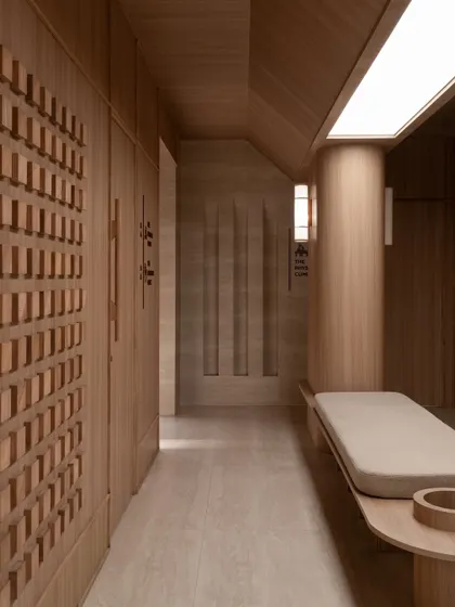 Further images from the BeWell, QBF Coffee, and Tubu projects, illustrating the consistent use of natural materials, clean lines, and thoughtful lighting to create serene and restorative commercial spaces.