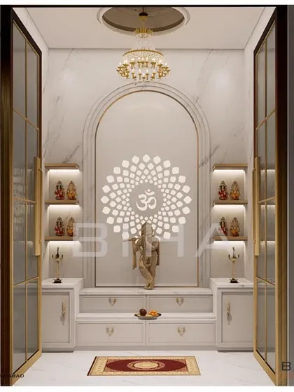This image is an identical proposal to the first, showcasing a Ganesha statue as the central figure. This demonstrates our process of providing clients with realistic visualizations to help them choose the elements that resonate most with their personal faith and aesthetic preference.