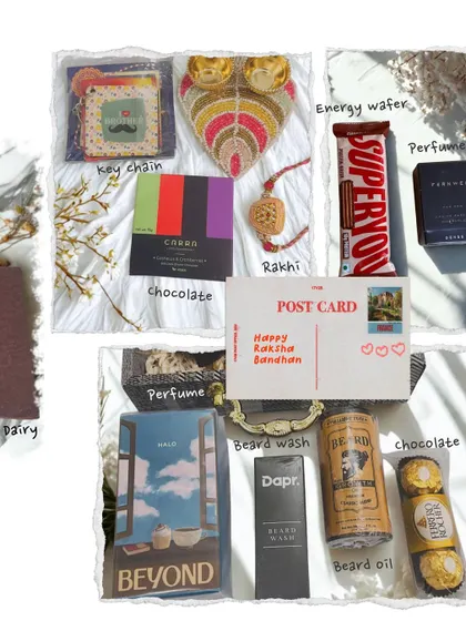 A flat lay of our curated Rakhi hamper for a brother, showing all the thoughtful items inside. It includes a keychain, chocolates, perfume, and grooming products, covering all his needs.