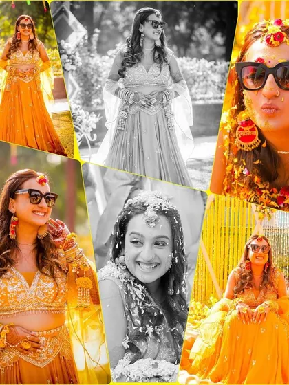 A vibrant collage showcasing the bride's fun and stylish Haldi look. It mixes colour and black and white shots, capturing her playful personality with sunglasses and happy poses.