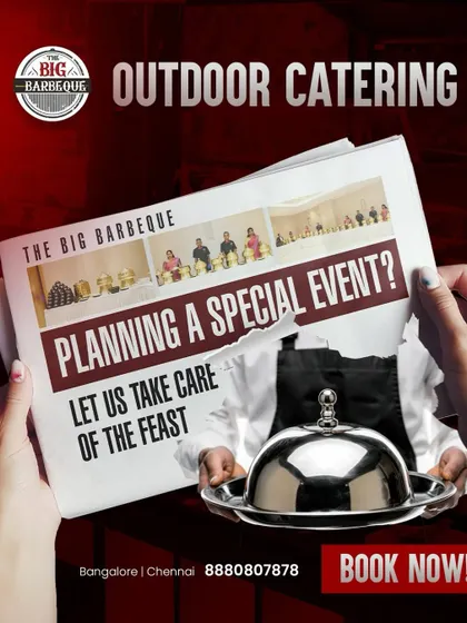 Your event is front-page news for us. This creative graphic presents our outdoor catering service as a headline-worthy affair, promising to make your special event a major success.