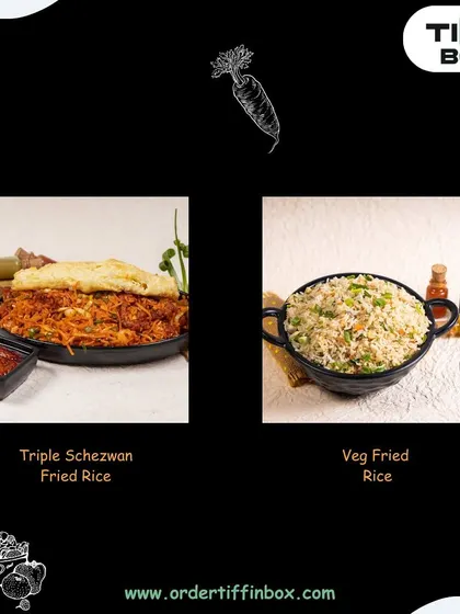 Check out these two delicious rice options from our Chinese menu. We have the spicy Triple Schezwan Fried Rice and the classic Veg Fried Rice.