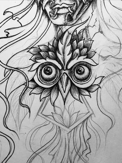 A close-up sketch of the owl detail in my "Hybrid" character piece.