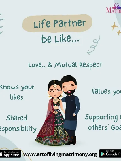 An illustration of what a life partner should be like, listing qualities like mutual respect, shared responsibility, and supporting each other's goals.