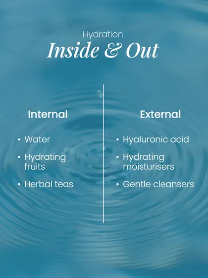True hydration comes from both inside and out. Internally, focus on water and hydrating foods. Externally, use products with hyaluronic acid and gentle cleansers.