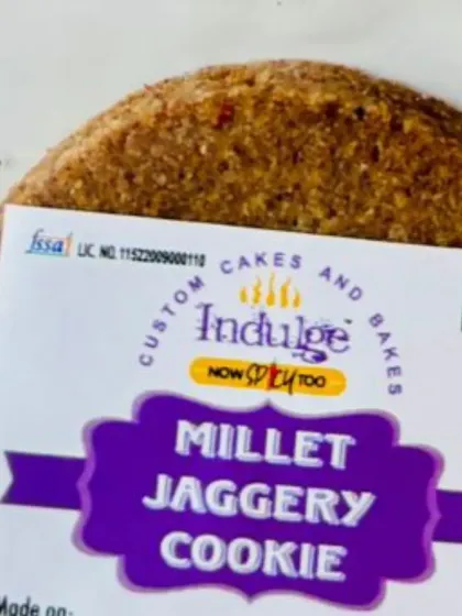 A closer look at my Millet Jaggery Cookie. It's made without refined sugar or maida, using millet flour and a bit of whole wheat, making it a healthier snack option.