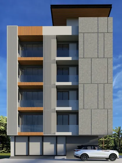 A 3D render of a minimalist apartment building. The facade design creates harmony through a balanced composition of concrete panels, vertical louvers, and wood accents.