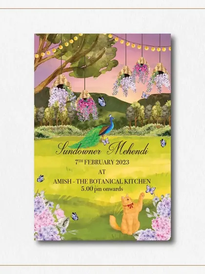 The Sundowner Mehendi invitation features a beautiful illustration of the Sakleshpur hills at dusk. We included a peacock and the bride's cat among the flowers, adding to the enchanting, personal feel of the design.