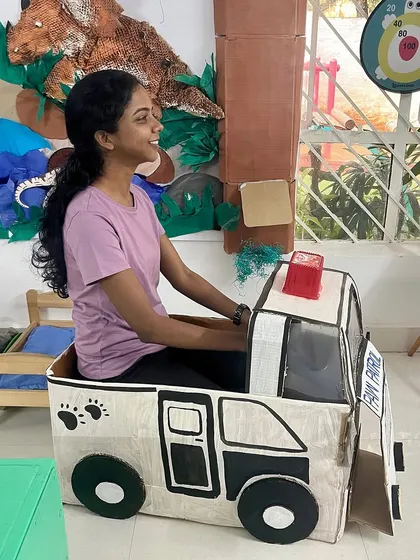 One of our talented Playmakers created this amazing Paw Patrol car from a cardboard box. These handmade toys, crafted from recycled materials, are always a huge hit and show that imagination is the best resource.