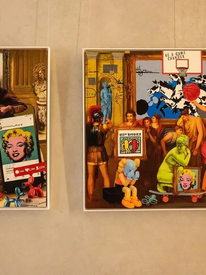 A diptych from the 'Renaissance Reimagined' collection, showcasing how classical scenes are remixed with pop culture references. These paintings invite viewers to find connections between disparate eras and artistic styles.
