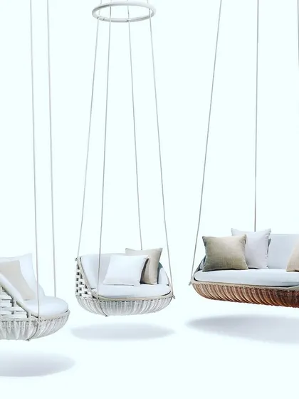 Here you can see the variety in my collection of imported rattan swings. I have single-seaters, double-seaters, and even larger sofa-style swings, all in a beautiful, light-colored weave that fits any modern home.