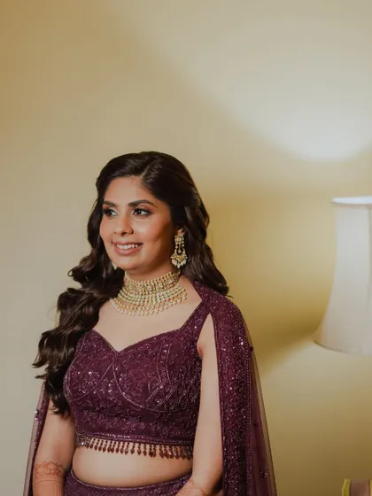 A close up of her Sangeet makeup. The eyes are defined, and the skin is glowing.