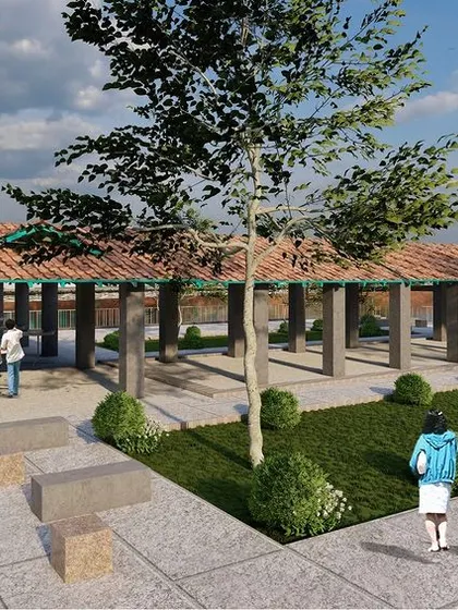 A render of a sheltered public seating area along the lakefront, using simple, durable materials to create a functional and aesthetically pleasing rest stop for visitors.