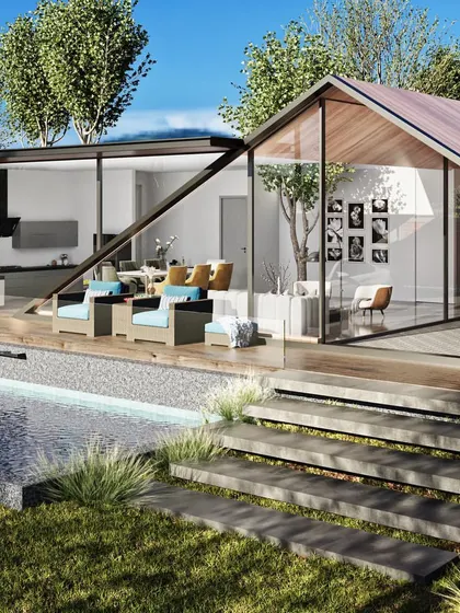A 3D render of a modern farmhouse concept with an open-plan design and integrated pool. This visualization focuses on the relationship between the interior and exterior spaces, framed by large glass walls.