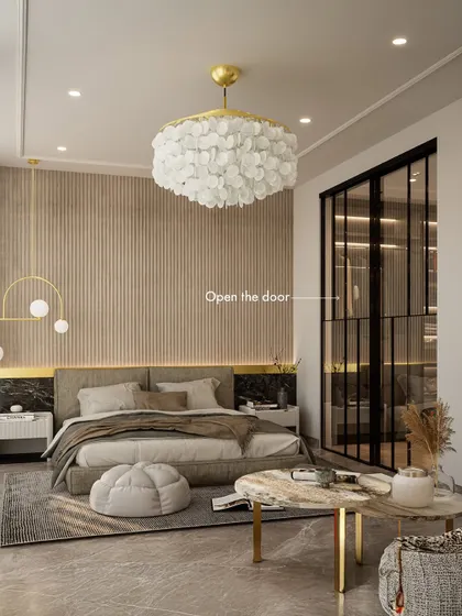 This bedroom is a perfect example of dopamine decor. The fluted wood paneling, statement chandelier, and touches of marble and gold create a space that feels luxurious, happy, and full of personality.