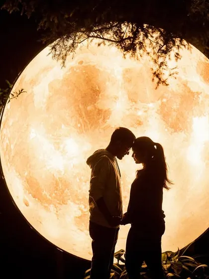 A stunning silhouette of a couple against a large, glowing moon prop, creating a dramatic and romantic image.