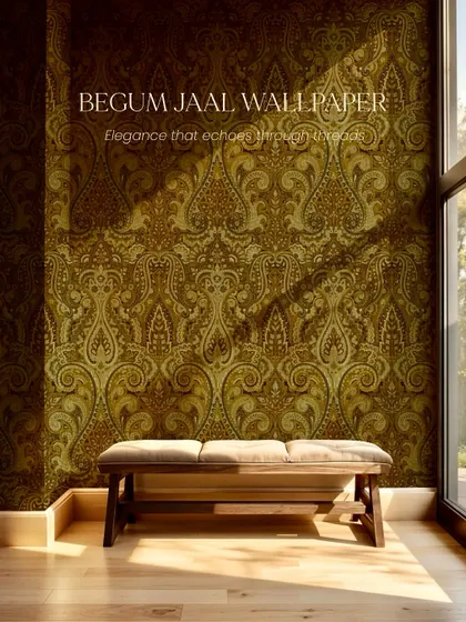 The Begum Jaal wallpaper in an antique gold finish catches the sunlight beautifully in this entryway. The dense paisley pattern creates a statement wall that feels both luxurious and timeless.