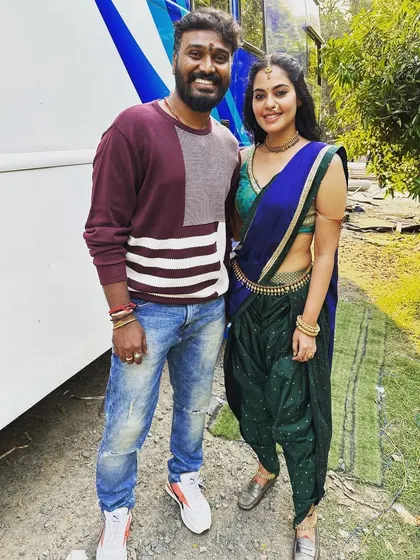 With actress Bindu Madhavi on the set of a performance for the Ananda Vikatan Cinema Awards.